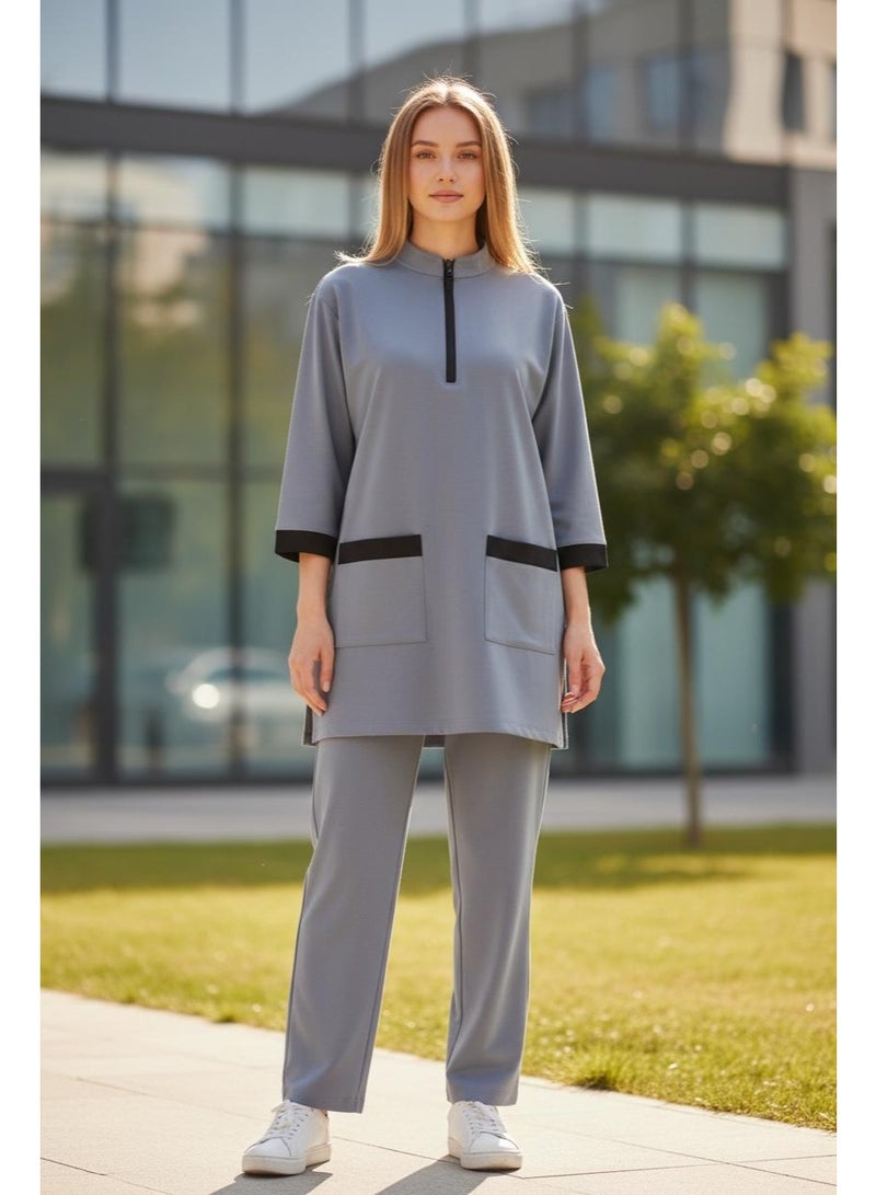 Dee's Fashion Women's Housemaid Uniform Set with Tunic Top and Matching Trousers, Quarter Sleeve, Mandarin Collar with Half Zip, Contrast Trim Pockets - Image 1